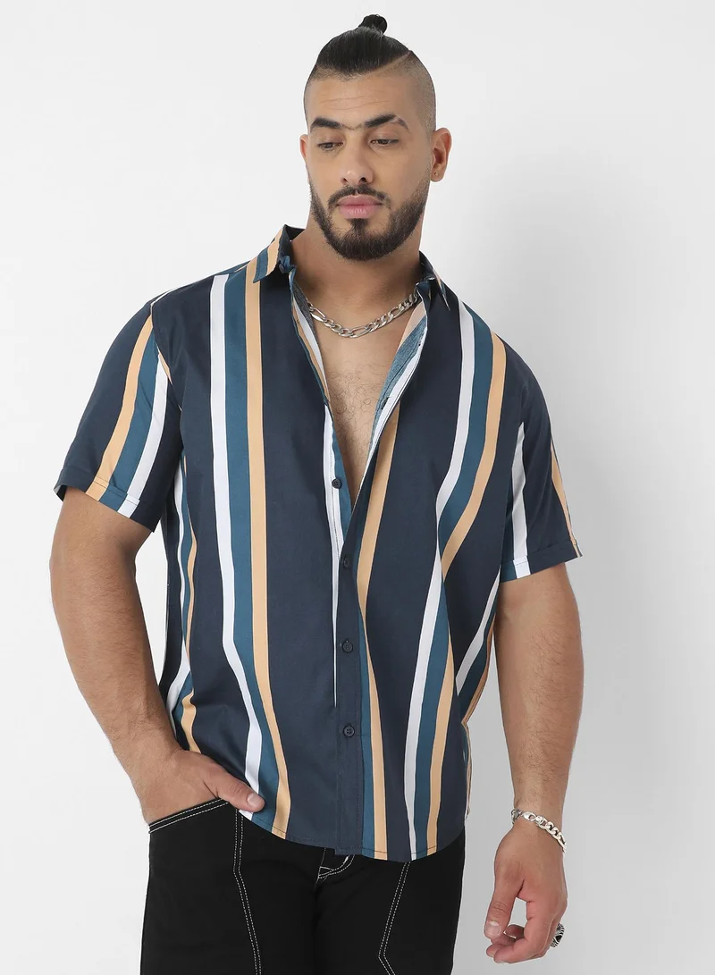انستافاب بلس Men's Prussian Blue Club Striped Shirt For Casual Wear | Spread Collar | Short Sleeve | Button Closure | Shirt Crafted With Comfort Fit For Everyday Wear
